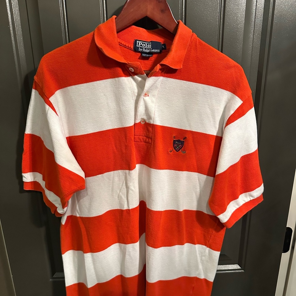 Vintage Ralph Lauren Orange/ Red and White Rugby Striped Polo